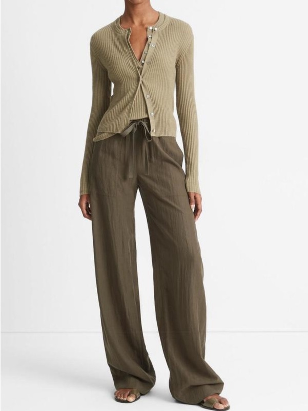 Vince Artichoke Ribbed Cashmere Silk Cardigan Green Size L - Picture 1 of 15